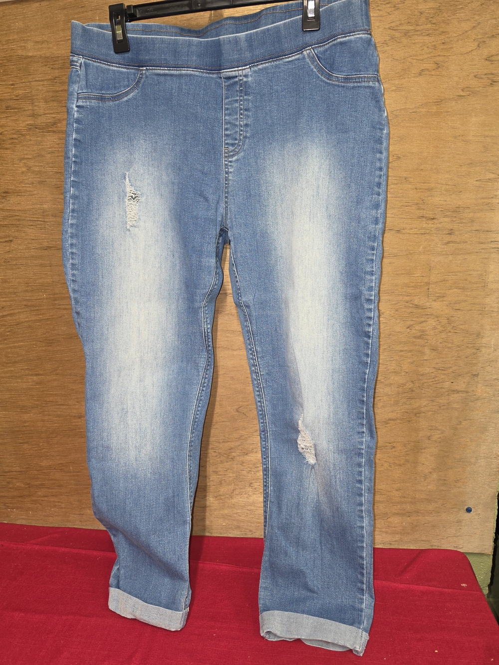 Ladies Light Washed Distressed Stretch Pull On Roll Tab XL